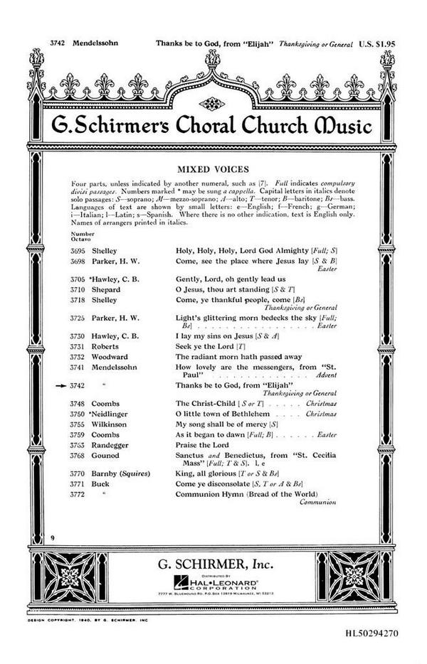 Felix Mendelssohn Bartholdy, Thanks Be To God From The Oratorio Elijah&nbsp;&nbsp;SATB and Piano&nbsp;&nbsp;Chorpartitur