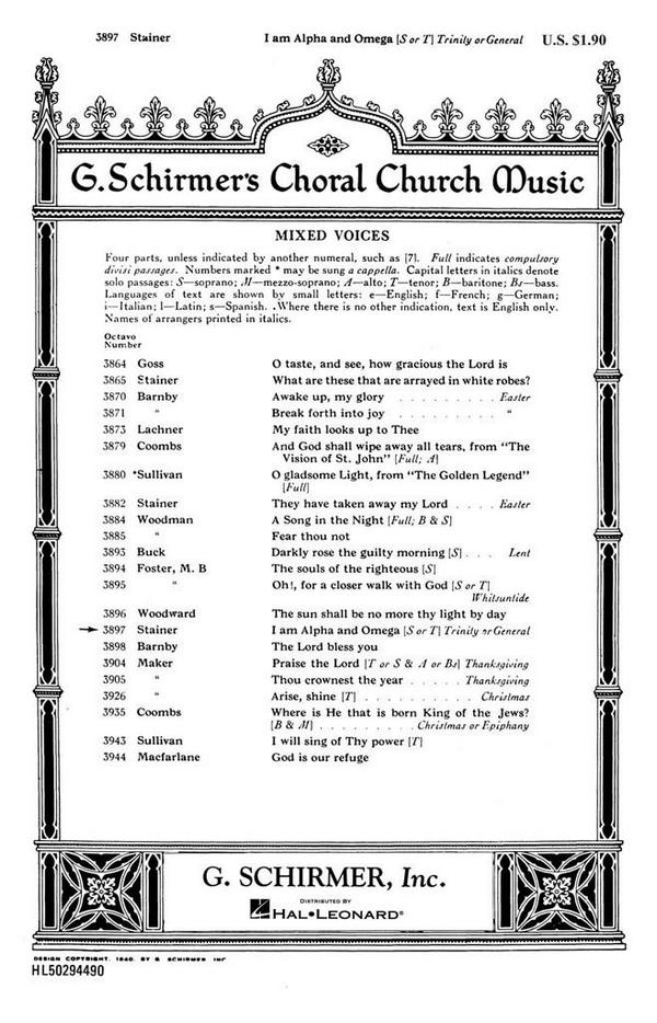John Stainer, I Am Alpha and Omega&nbsp;&nbsp;SATB and Organ&nbsp;&nbsp;Chorpartitur