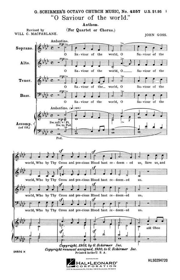 J Goss, O Saviour Of The World&nbsp;&nbsp;SATB&nbsp;&nbsp;Chorpartitur