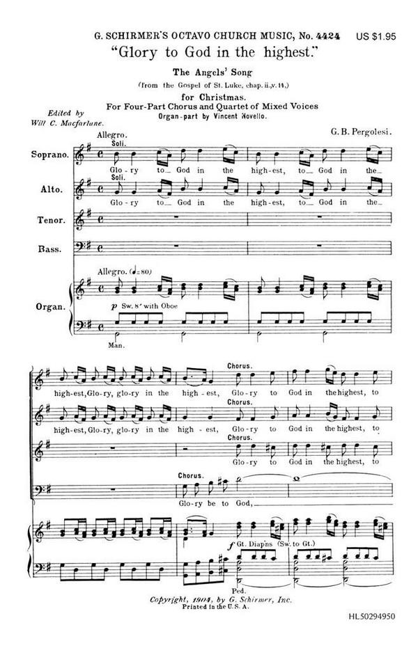 Giovanni Battista Pergolesi, Glory To God In The Highest Organ&nbsp;&nbsp;SATB and Organ&nbsp;&nbsp;Chorpartitur