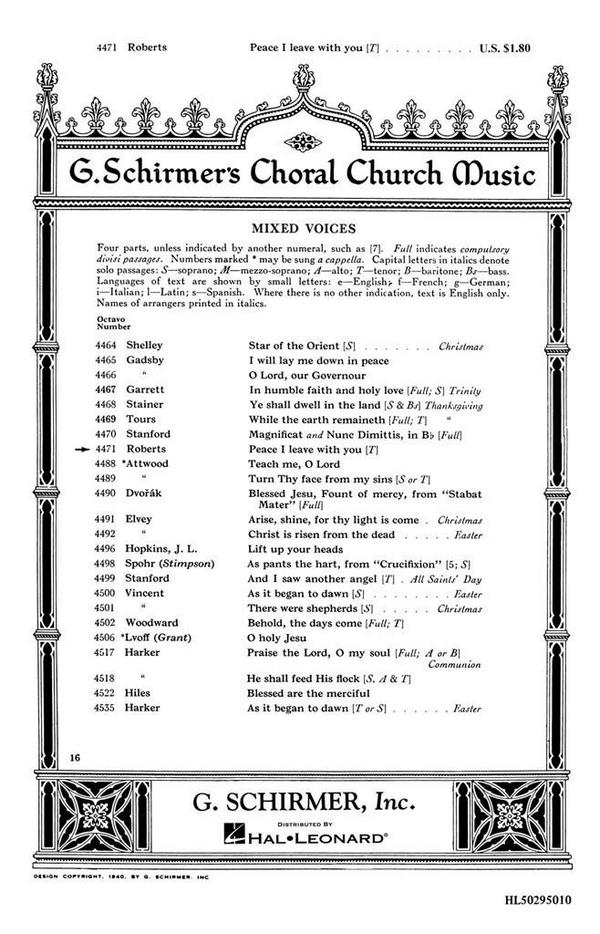 J. Varley Roberts, Peace I Leave With You Organ&nbsp;&nbsp;SATB with tenor solo&nbsp;&nbsp;Chorpartitur