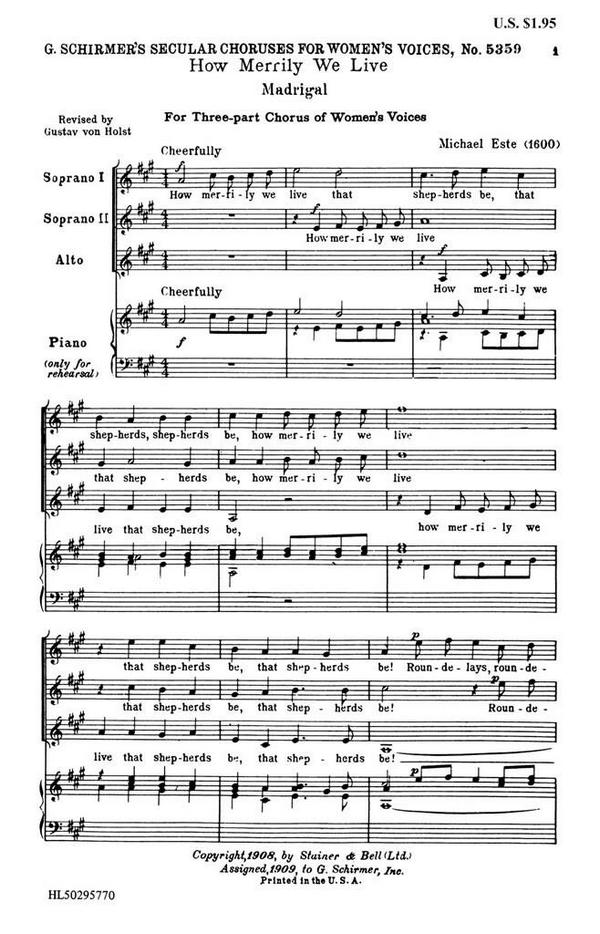 M Este, How Merrily We Live&nbsp;&nbsp;SSA a Cappella&nbsp;&nbsp;Chorpartitur