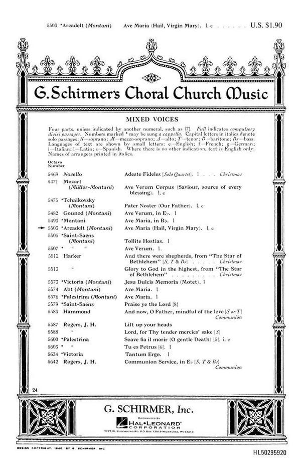 Jacob Arcadelt, Ave Maria Hail Virgin Mary&nbsp;&nbsp;SATB and Organ&nbsp;&nbsp;Chorpartitur