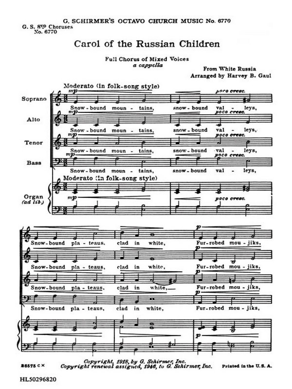 Folk Song, Carol Of The Russian Chldren&nbsp;&nbsp;SATB and Organ&nbsp;&nbsp;Chorpartitur