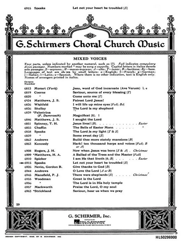 Oley Speaks, Let Not Your Heart Be Troubled&nbsp;&nbsp;SATB with organ and sop solo&nbsp;&nbsp;Chorpartitur