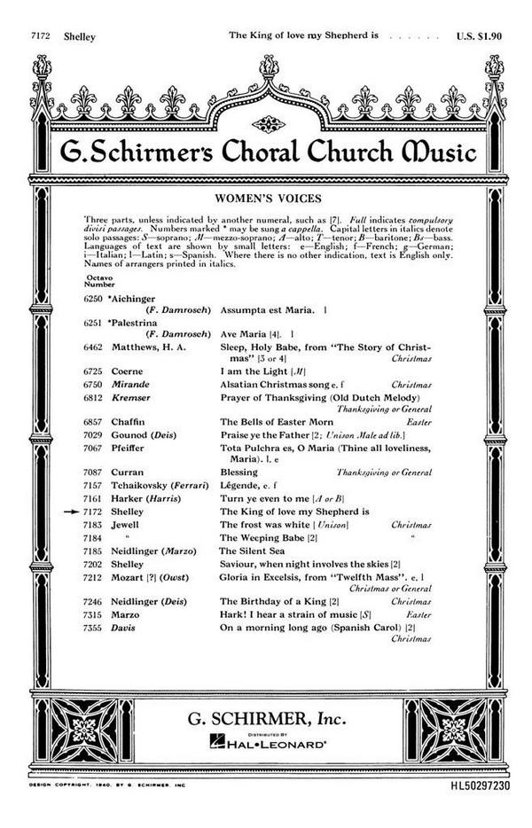 Harry Rowe Shelley, King Of Love My Shepherd Is&nbsp;&nbsp;SSA&nbsp;&nbsp;Chorpartitur