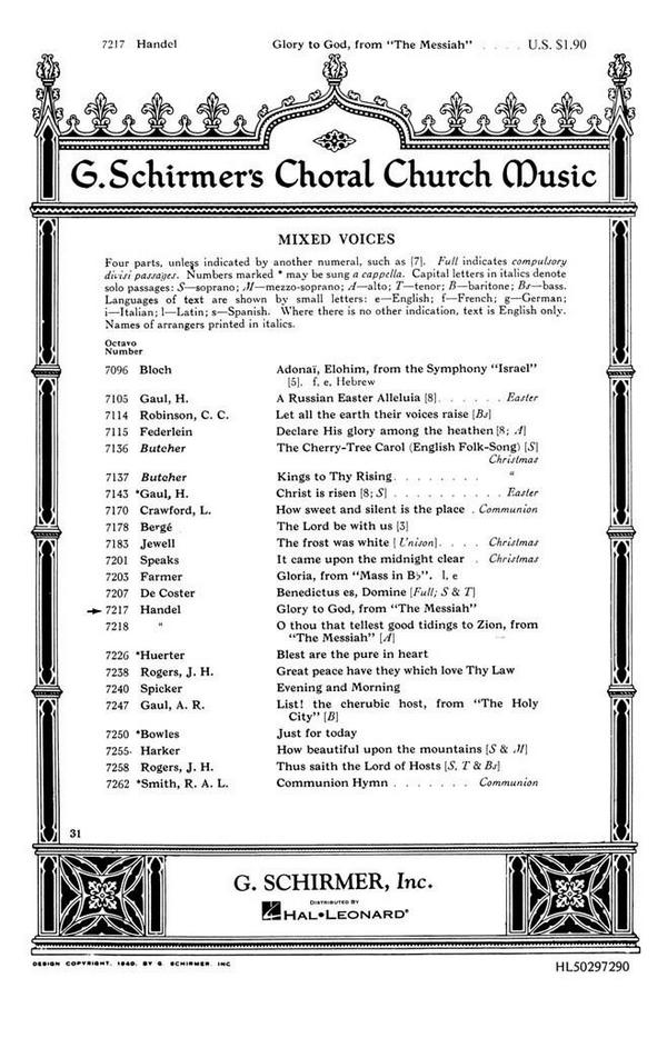 Georg Friedrich Händel, Glory To God&nbsp;&nbsp;SATB&nbsp;&nbsp;Chorpartitur