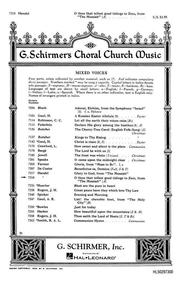 Georg Friedrich Händel, O Thou That Tellest Good Tidings To Zion&nbsp;&nbsp;Solo A + SATB&nbsp;&nbsp;Chorpartitur
