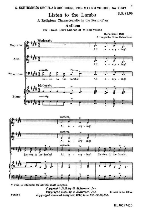 R. Nathaniel Dett, Listen to the Lambs&nbsp;&nbsp;SAB and Piano&nbsp;&nbsp;Chorpartitur