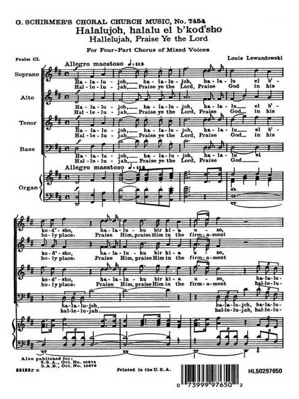 Louis Lewandowski, Hallelujah Praise Ye The Lord English Hebrew Org.&nbsp;&nbsp;SATB and Piano&nbsp;&nbsp;Chorpartitur