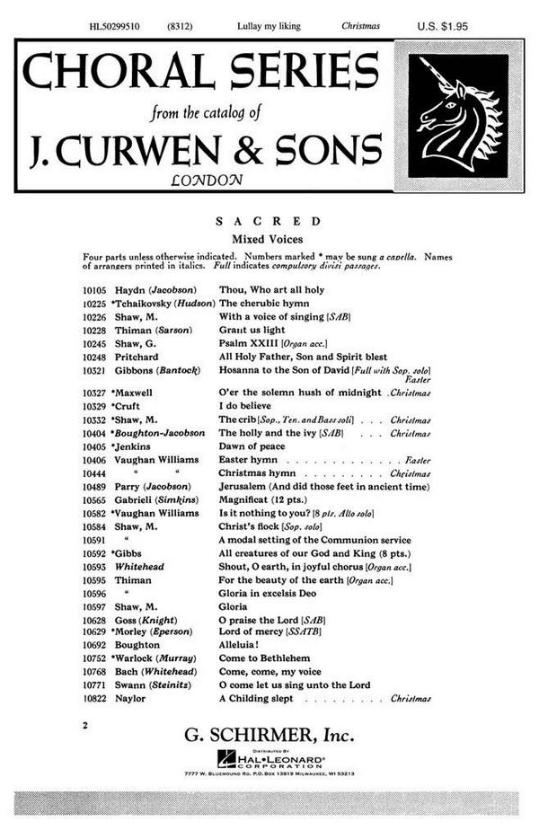 Gustav Holst, Lullay My Liking&nbsp;&nbsp;SATB a Cappella&nbsp;&nbsp;Chorpartitur