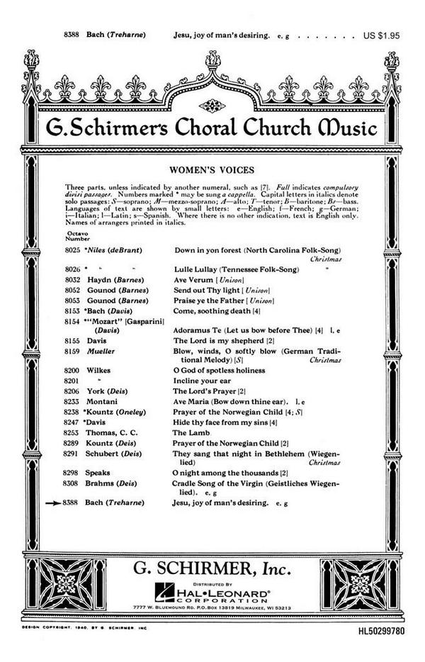 Johann Sebastian Bach, Jesu, Joy Of Man's Desiring&nbsp;&nbsp;SSA&nbsp;&nbsp;Chorpartitur