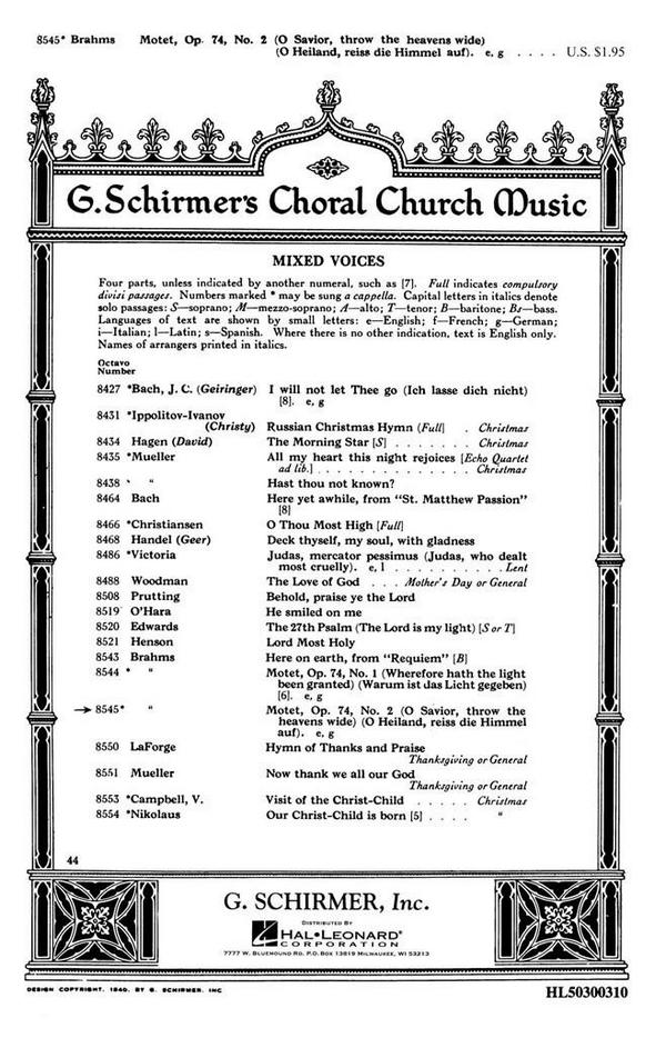 Johannes Brahms, O Saviour, Throw The Heavens Wide&nbsp;&nbsp;SATB a Cappella&nbsp;&nbsp;Chorpartitur