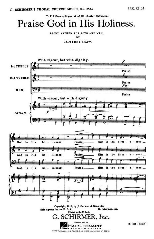 G Shaw, Praise God in His Holiness&nbsp;&nbsp;SAB with organ&nbsp;&nbsp;Chorpartitur