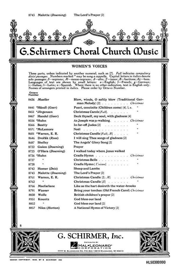 Albert H. Malotte, Lord's Prayer Women's Voices  SA and Piano  Chorpartitur