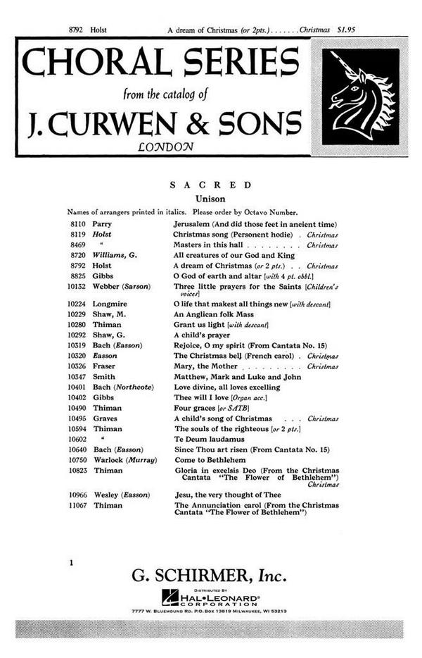 Gustav Holst, Dream Of Christmas (Unison)&nbsp;&nbsp;SA&nbsp;&nbsp;Chorpartitur