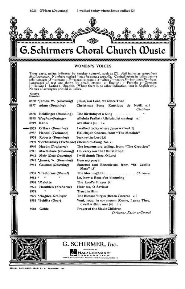 Geoffrey O'Hara, I Walked Today Where Jesus Walked&nbsp;&nbsp;SA with Piano&nbsp;&nbsp;Chorpartitur