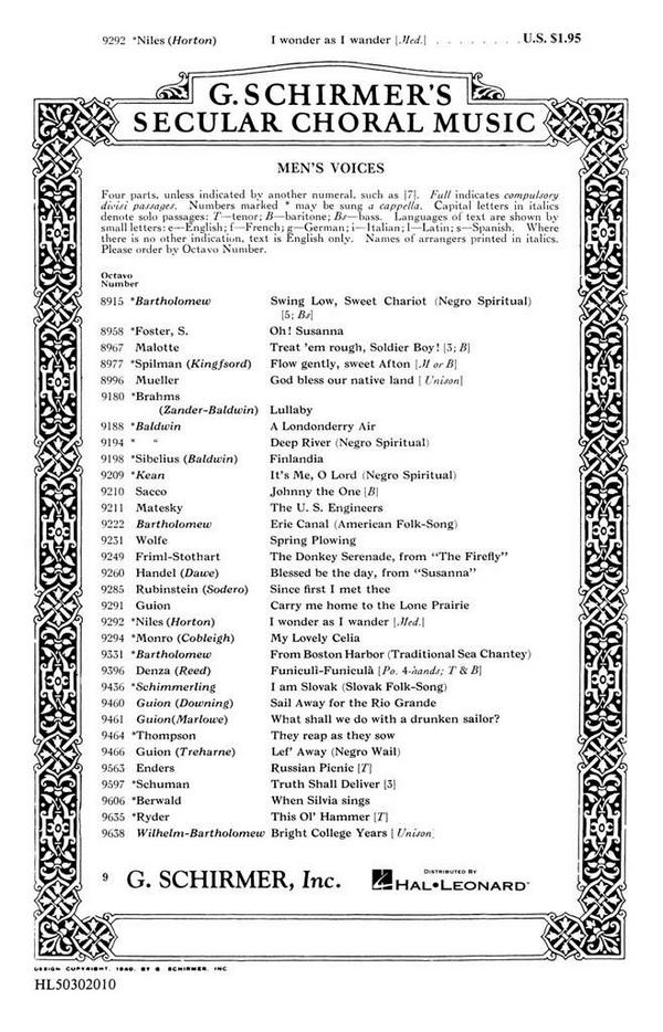 John Jacob Niles, I Wonder As I Wander&nbsp;&nbsp;TTBB a Cappella, Solo&nbsp;&nbsp;Chorpartitur