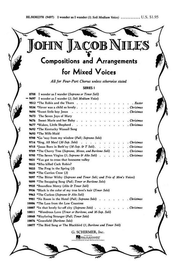 John Jacob Niles, I Wonder As I Wander (from Appalachian Carols)&nbsp;&nbsp;SAB with solo&nbsp;&nbsp;Chorpartitur