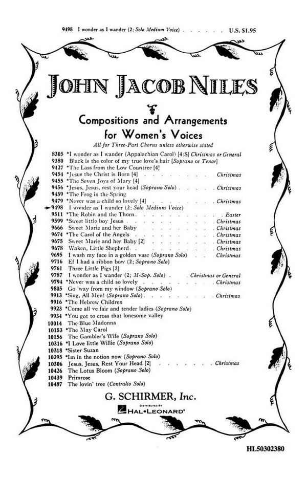 John Jacob Niles, I Wonder As I Wander&nbsp;&nbsp;SA with solo&nbsp;&nbsp;Chorpartitur