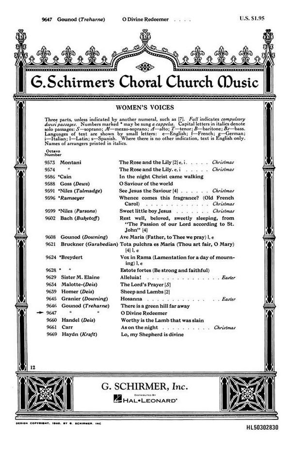 Charles Gounod, O Divine Redeemer&nbsp;&nbsp;SSA with Organ or Piano&nbsp;&nbsp;Chorpartitur