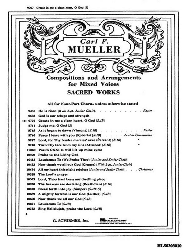 Carl F. Mueller, Create in Me a Clean Heart, O God&nbsp;&nbsp;SAB with organ&nbsp;&nbsp;Chorpartitur