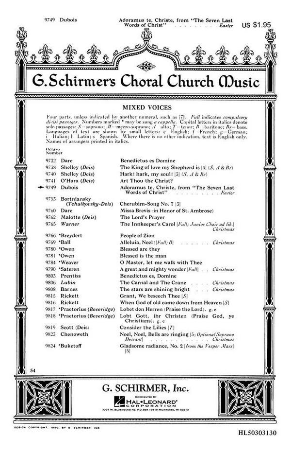 Théodore Dubois, Adoramus Te Christe From The Last Words Of Christ&nbsp;&nbsp;SATB and Piano&nbsp;&nbsp;Chorpartitur