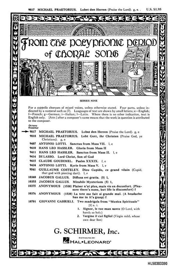 Michael Praetorius, Lobet Den Herren Praise The Lord&nbsp;&nbsp;SATB a Cappella&nbsp;&nbsp;Chorpartitur