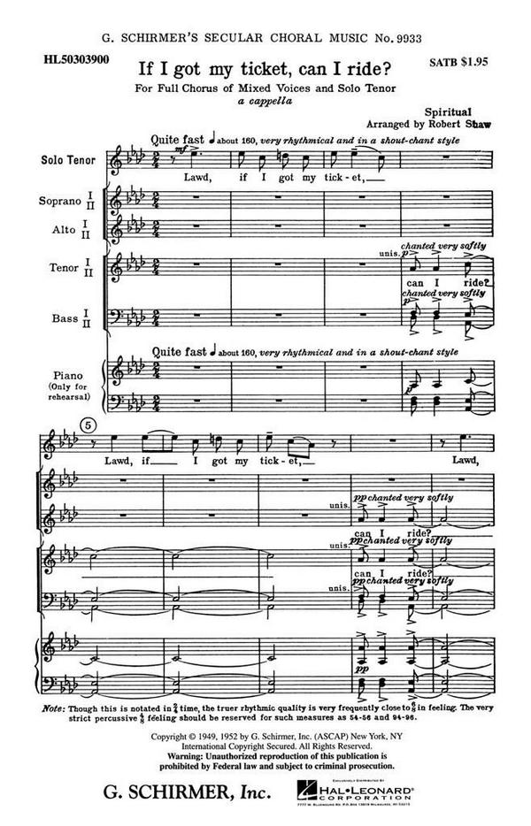 Traditional, If I Got My Ticket Can I Ride With Tenor Solo&nbsp;&nbsp;Solo T + SATB&nbsp;&nbsp;Chorpartitur