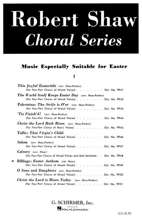 William Billings, Easter Anthem&nbsp;&nbsp;SATB a Cappella&nbsp;&nbsp;Chorpartitur