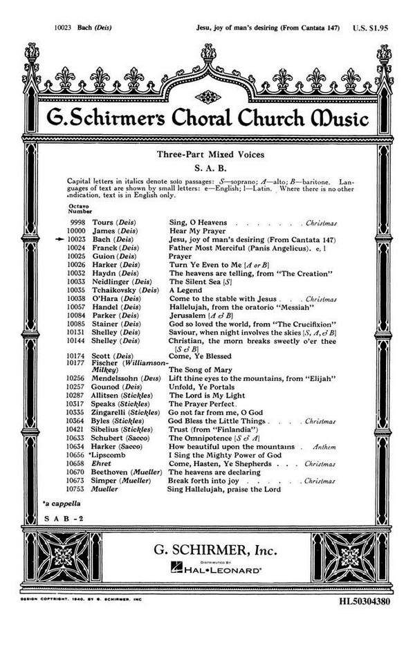 Johann Sebastian Bach, Jesu, Joy Of Man's Desiring&nbsp;&nbsp;SAB with organ&nbsp;&nbsp;Chorpartitur