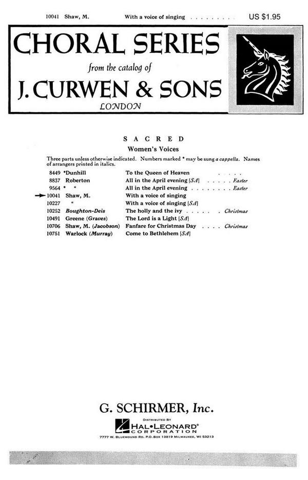 M. Shaw, With A Voice Of Singing&nbsp;&nbsp;SSA&nbsp;&nbsp;Chorpartitur