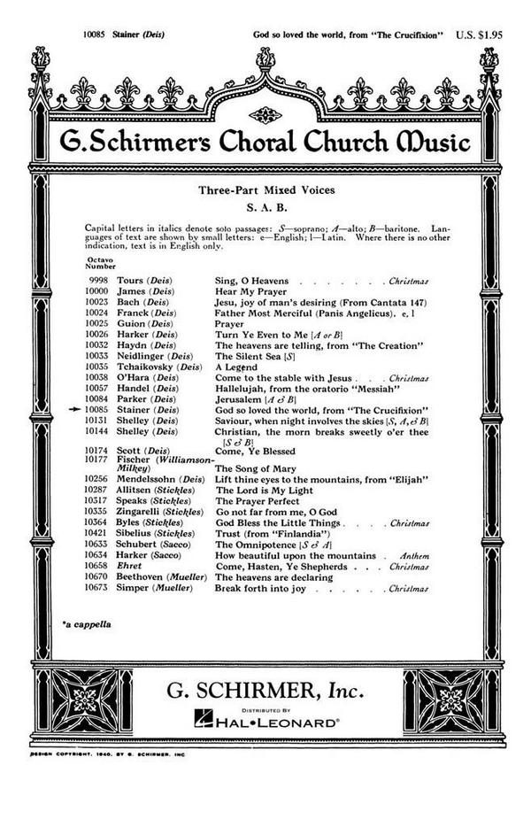 John Stainer, God So Loved The World From The Crucifixion&nbsp;&nbsp;SAB + organ ad lib&nbsp;&nbsp;Chorpartitur