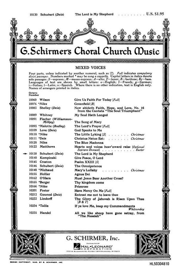Franz Schubert, The Lord Is My Shepherd&nbsp;&nbsp;SATB and Piano&nbsp;&nbsp;Chorpartitur