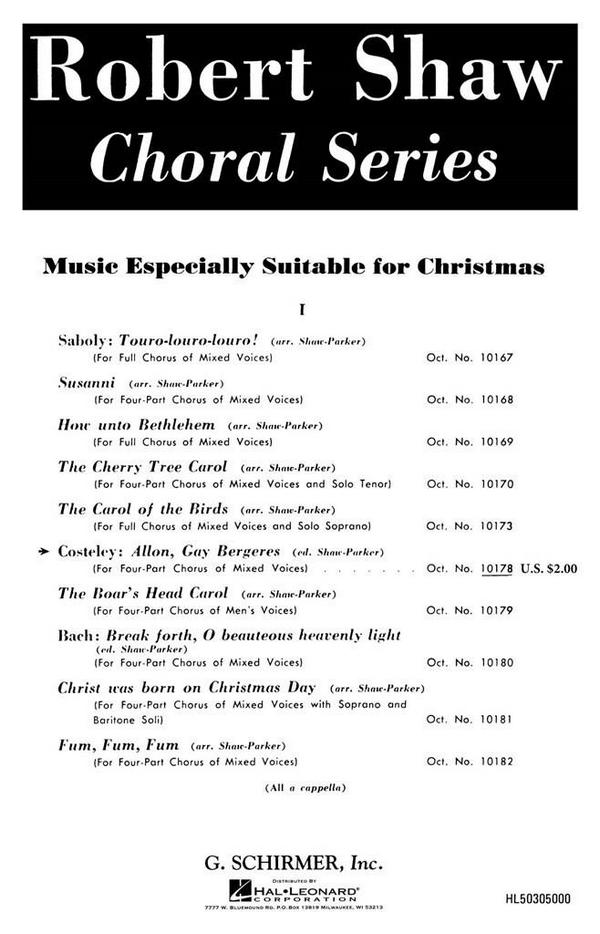 Guillaume Costeley, Allon Gay Bergeres&nbsp;&nbsp;SATB a Cappella&nbsp;&nbsp;Chorpartitur