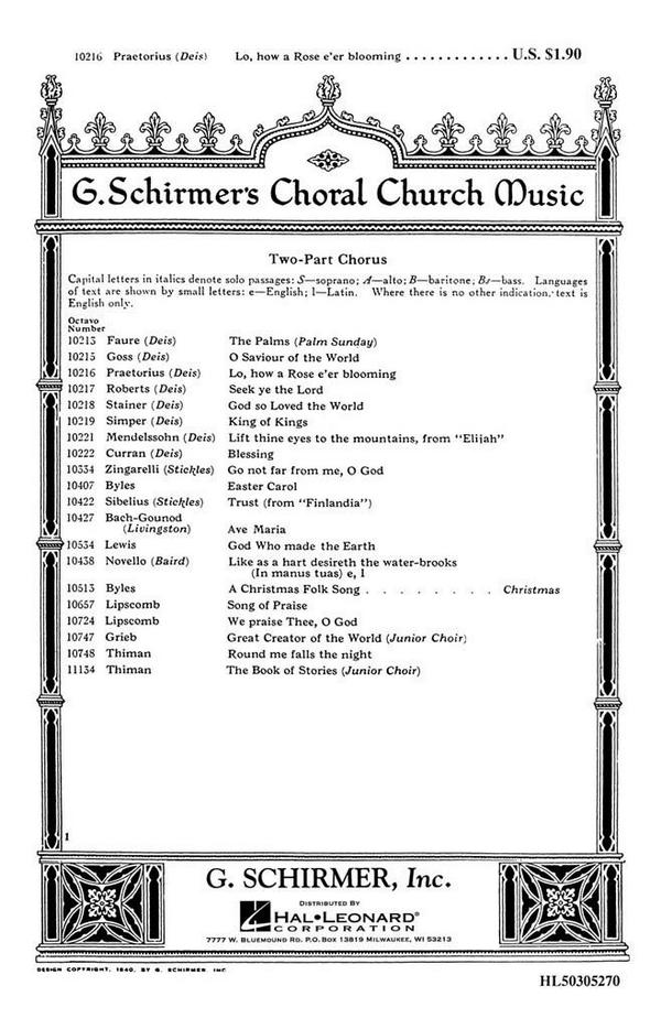 Michael Praetorius, Lo How A Rose E'er Blooming&nbsp;&nbsp;SA + piano/organ&nbsp;&nbsp;Chorpartitur