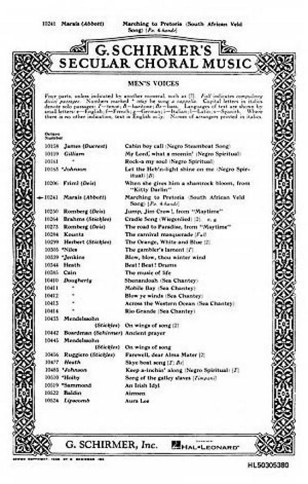J Marais, Marching To Pretoria (South African Veld Song)&nbsp;&nbsp;TTBB and PIano 4 Hands&nbsp;&nbsp;Chorpartitur