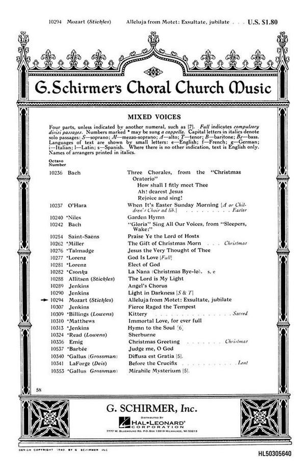 Wolfgang Amadeus Mozart, Alleluia&nbsp;&nbsp;SATB and Piano&nbsp;&nbsp;Chorpartitur