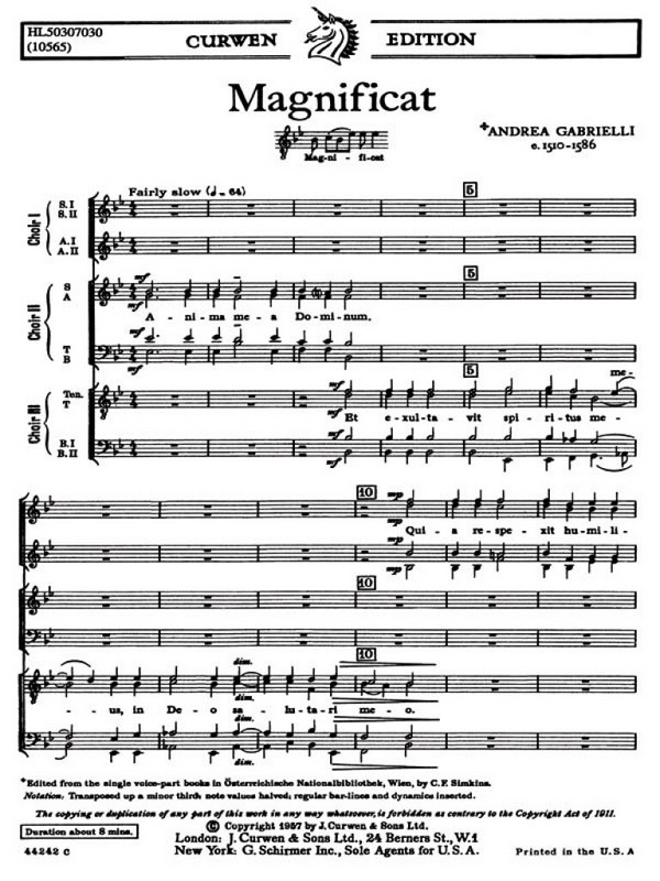 Andrea Gabrieli, Magnificat For Three Choruses  SATB TTBB SSAA  Chorpartitur
