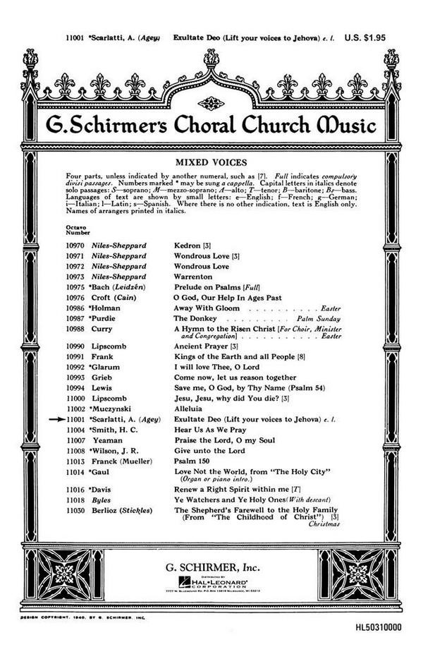 Alessandro Scarlatti, Exultate Deo (Life Your Voices to Jehovah)  SATB  Chorpartitur