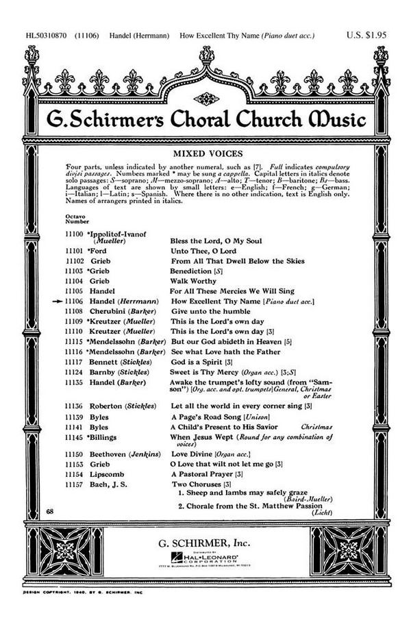 Georg Friedrich Händel, How Excellent Thy Name&nbsp;&nbsp;SATB and Piano 4 Hands&nbsp;&nbsp;Chorpartitur