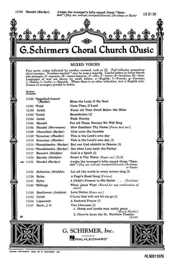Georg Friedrich Händel, Awake The Trumpet's Lofty Sound&nbsp;&nbsp;SATB and Organ&nbsp;&nbsp;Chorpartitur