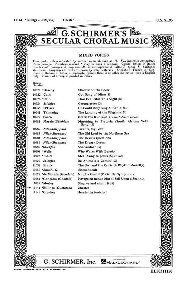 William Billings, Chester&nbsp;&nbsp;SATB a Cappella&nbsp;&nbsp;Chorpartitur