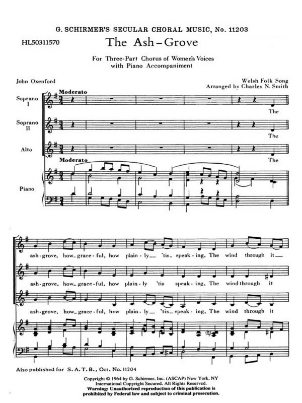 Traditional, The Ash Grove&nbsp;&nbsp;SSA and Piano&nbsp;&nbsp;Chorpartitur