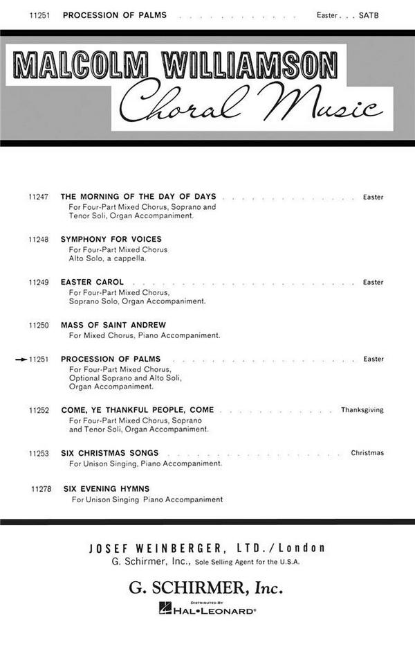 Malcolm Williamson, Procession Of Palms Easter Anthem&nbsp;&nbsp;SATB and Organ&nbsp;&nbsp;Chorpartitur