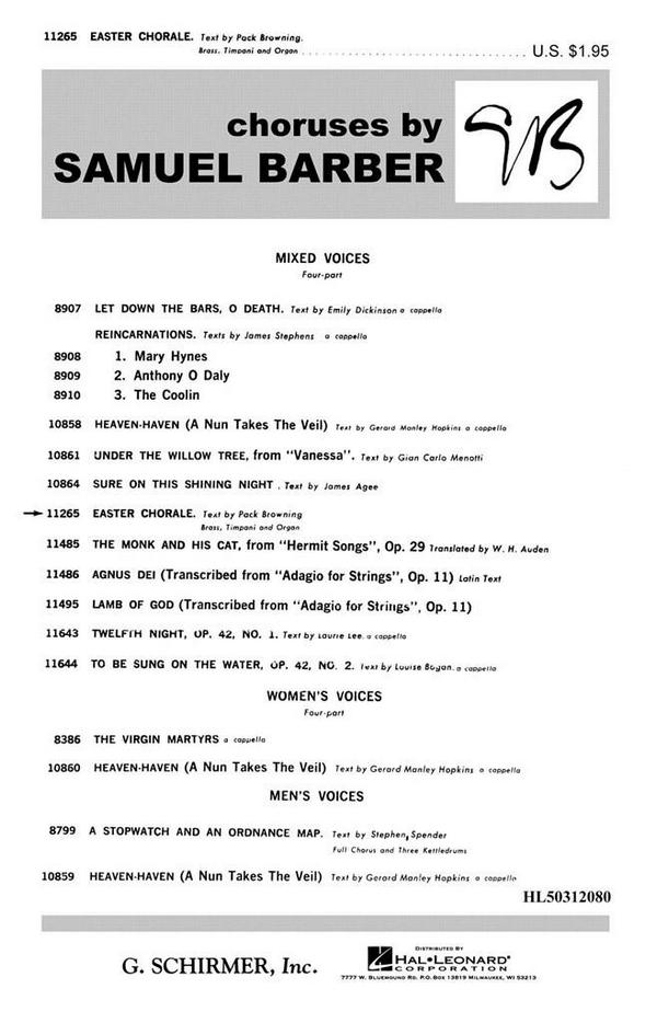 Pack Browning_Samuel Barber, Easter Chorale&nbsp;&nbsp;SATB and Brass Timpani Organ&nbsp;&nbsp;Chorpartitur