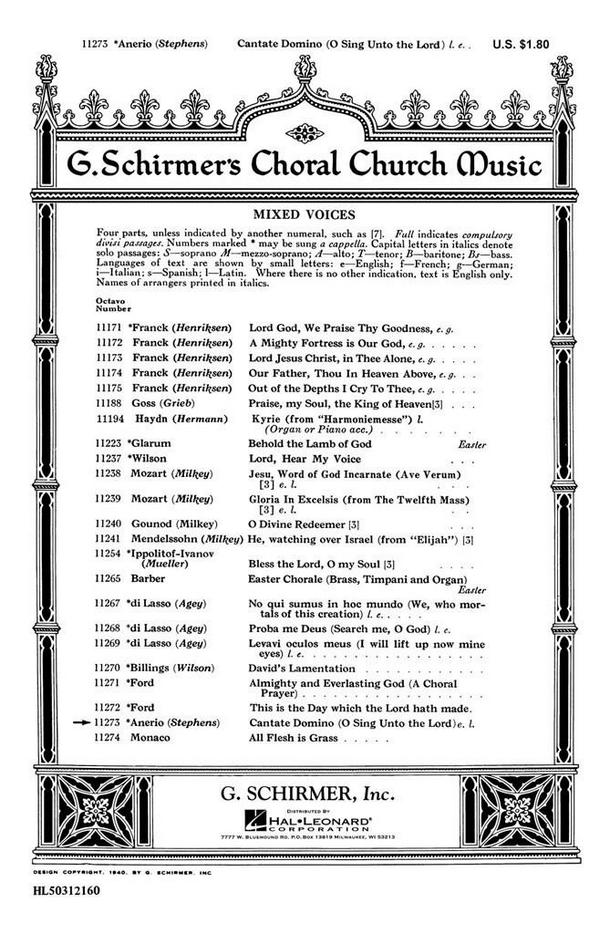 Felice Anerio, Cantate Domino - O Sing Unto The Lord&nbsp;&nbsp;SATB a Cappella&nbsp;&nbsp;Chorpartitur