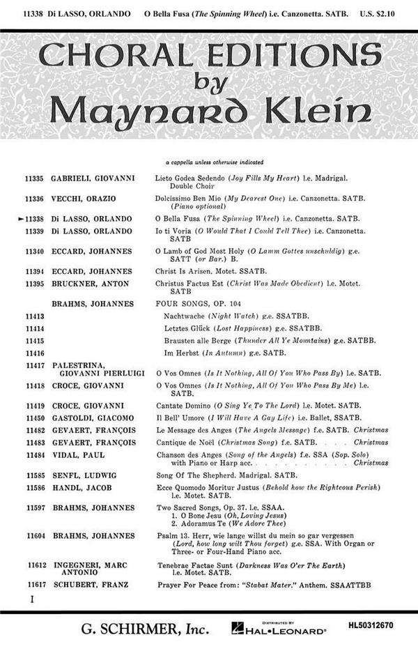 Orlando di Lasso, O Bella Fusa The Spinning Wheel&nbsp;&nbsp;SATB a Cappella&nbsp;&nbsp;Chorpartitur