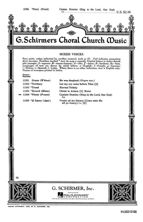 Giuseppe Ottavio Pitoni, Cantate Domino Sing To The Lord Our God&nbsp;&nbsp;SATB a Cappella&nbsp;&nbsp;Chorpartitur