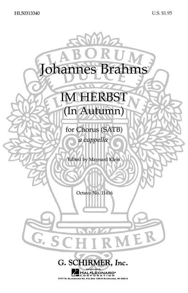 Johannes Brahms, Im Herbst&nbsp;&nbsp;SATB a Cappella&nbsp;&nbsp;Chorpartitur